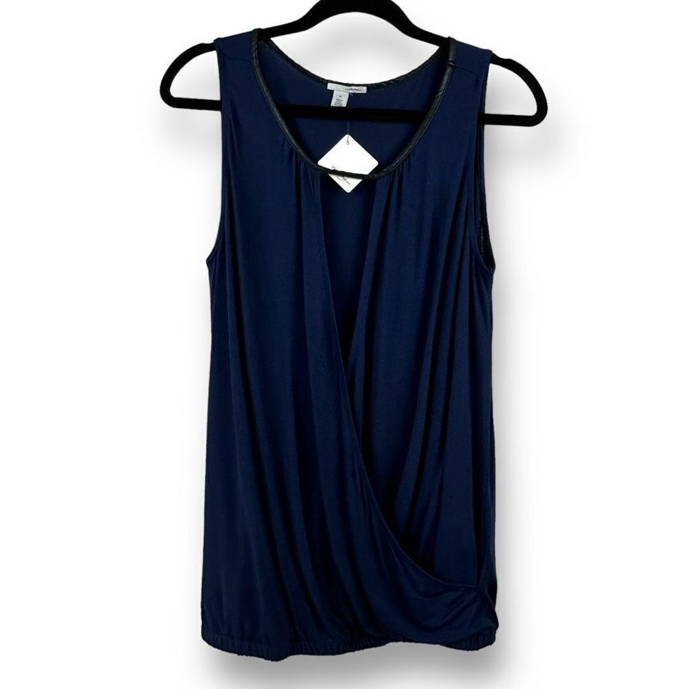 Halogen Women's Size M Draped Wrap Top Royal Blue With Leather Trim Plunge New